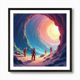 Watercolor Astronauts Exploring A Colorful Cosmic Cave On An Alien World 1 Art Print