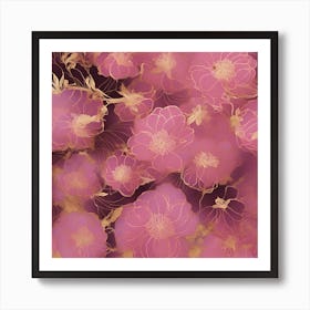 Seamless Pattern Of Elegant Japanese Floral Motifs In Pink, Adorned With Gold Lines Art Print