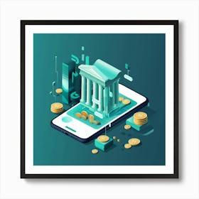 Isometric Illustration Of A Building And Coins Art Print