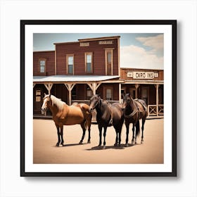 Three Horses In Front Of A Western Town Art Print