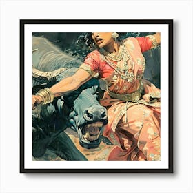 Woman Fighting A Bull Art Print