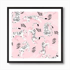 White Tiger Pattern On Pastel Pink Square Art Print