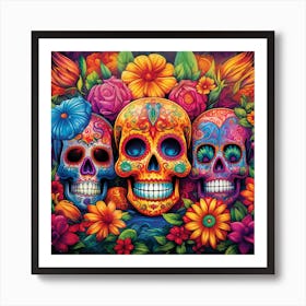 Maraclemente Many Sugar Skulls Colorful Flowers Vibrant Colors 3 Art Print