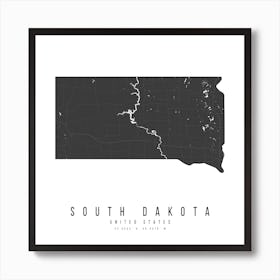 South Dakota Mono Black And White Modern Minimal Street Map Square Art Print