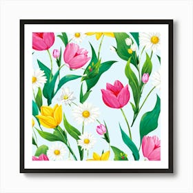 Cartoon Style Digital Painting Of An Isolated Spring Bouquet Featuring Blooming Tulips Roses And D (2) Art Print