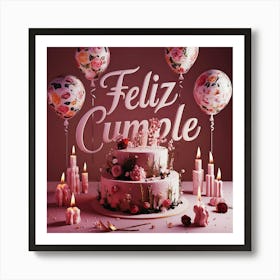 Feliz cumple and Feliz cumpleaños sign means Happy Birthday in Spanish language, Birthday party celebration gift with birthday cake candle colorful balloons best congratulation over light background wall artFeliz Cumple 58 Art Print