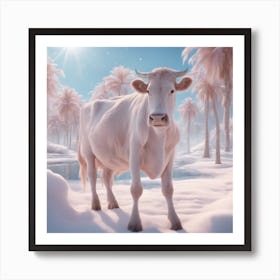 Digital Oil, Cow Wearing A Winter Coat, Whimsical And Imaginative, Soft Snowfall, Pastel Pinks, Blue Art Print