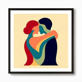 Title: "Embrace in Color"  Description: "Embrace in Color" is an artwork that encapsulates the warmth of human connection through abstract forms and a vibrant color palette. The interlocking shapes of the two figures demonstrate a harmonious union, while the choice of colors reflects the depth and diversity of human emotions. This piece symbolizes inclusivity and love, resonating with a broad audience and making it a compelling addition to any contemporary art collection. Art Print