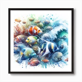 Sea Fish In Motion, Sea Fish Watercolour Art Print 4 Art Print