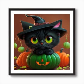 Cute Black Cat In A Witch Hat Art Print