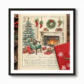 Vintage Christmas Journal Open To A Page Detailing A Festive Winter Holiday Scene Family Gathered B Art Print