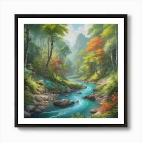 A stunning landscape painting featuring a crystal clear river winding through a lush forest, with vibrant colors and intricate details. 2 Art Print