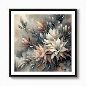 Delicate White Flowers on abstract muted gray background Art Print