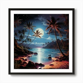 Abstract Tropical Ocean Landscape Night Moon Fantasy Palms Cove Art Print