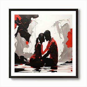 Silhouette Couple Kissing In Water abstract art sumi-e Póster