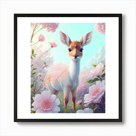 Deer In Pink Flowers Art Print