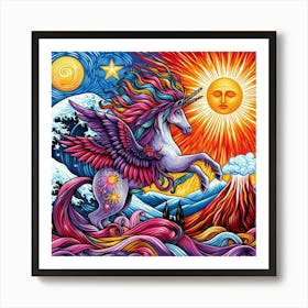 A Unicorn With Colorful Streaks Of Ribbon With Purple Feathers Sun And Moon And Star In A Volcano Of Red Van Gogh Style 3 Art Print