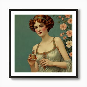 Vintage Woman Holding Perfume Bottle Art Print