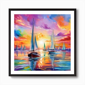 Sailboats At Sunset 11 Art Print