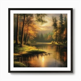 Autumn Lake,Forest Lake, Vintage Oil Painting, Farmhouse Wall Decorations, Antique Landscape, Vintage Landscape Oil Painting.1 3 Art Print