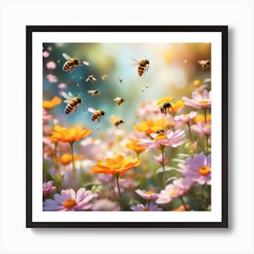 Bees Flying Over Flowers Art Print