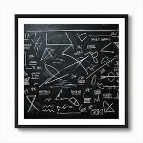 Black Chalk On A School Blackboard Capturing A Dynamic Blend Of Abstract Shapes And Realistic Objec Art Print