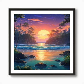 Serene Sunset at a Rocky Beach With Lush Foliage and Calm Waters Art Print