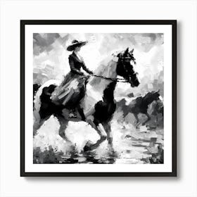 Black And White Horse Riding Art Print