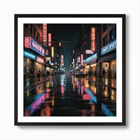 A Bustling City Street At Night With Neon Signs Wet Pavement Reflecting Lights And Detailed Architec 4010192840 Art Print