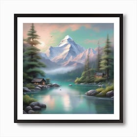 Mountain Lake in the Spirit of Bob Ross Soft Expressions Landscape Art Print