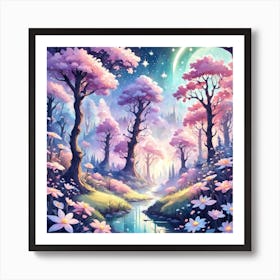 A Fantasy Forest With Twinkling Stars In Pastel Tone Square Composition 426 Art Print