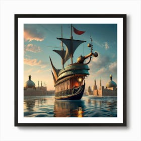 Xebec Ship Sailing On The Sea With Persian Town Art Print