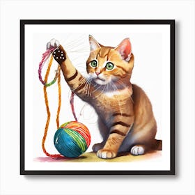 Cat Playing With Yarn Art Print
