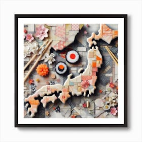 Japan Map: A Mixed Media Art with Origami, Sushi, Cherry Blossoms, and More Art Print