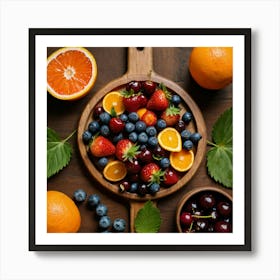 Top Down Shot of strawberries, blueberries, cherries, and oranges arranged symmetrically on a wooden platter. Sitting on a wooden table with leaves and cooking utensils on it 3 Art Print