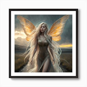 Hyper realistic delicate bright peaceful fairy with long yellow and cream hair fading into the wind, walking in the rain Art Print