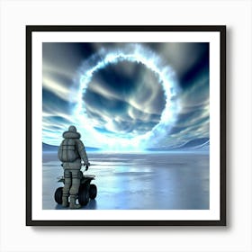 A lone figure in a wintery landscape, standing before a glowing portal. Art Print