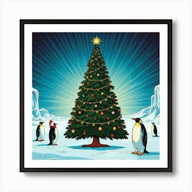 Christmas tree with penguins  Art Print