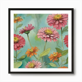 Zinnias flower plants painting art print Art Print