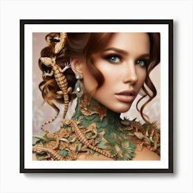 Beautiful Woman With Lizards Art Print