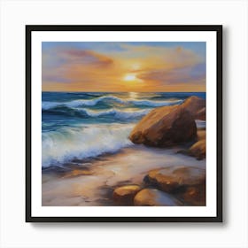 The sea. Beach waves. Beach sand and rocks. Sunset over the sea. Oil on canvas artwork.4 Art Print