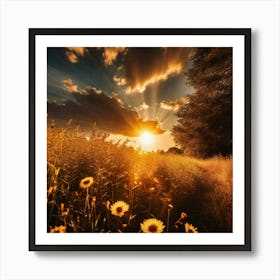 Field of flowers and sunrise Art Print