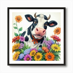 Cow In Flowers 1 Art Print