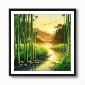 A Stream In A Bamboo Forest At Sun Rise Square Composition 33 Art Print