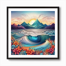 Ocean Waves And Flowers Art Print