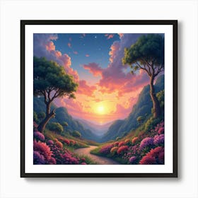 Celestial Watercolor Sunset Over Enchanted Garden 1 Art Print