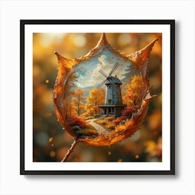 Vibrant, hyper-detailed close-up of a singular autumn leaf, its translucent surface revealing an intricate, miniature landscape of autumnal wonder Art Print