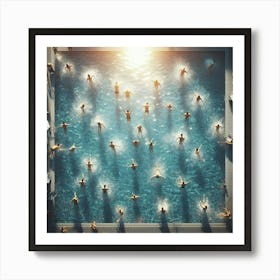 People Swimming In A Pool - A group of people swimming in a pool, with the sun shining down on them and the water sparkling. The scene is captured from a bird's-eye view, giving the viewer a sense of scale and perspective. Art Print