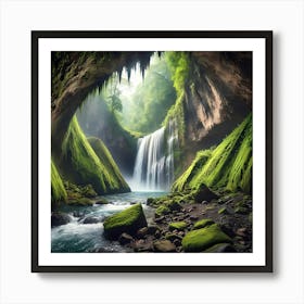 Waterfall In A Cave With Flowing River Art Print