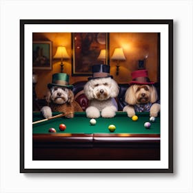 Three Dogs In Hats Playing Pool Art Print